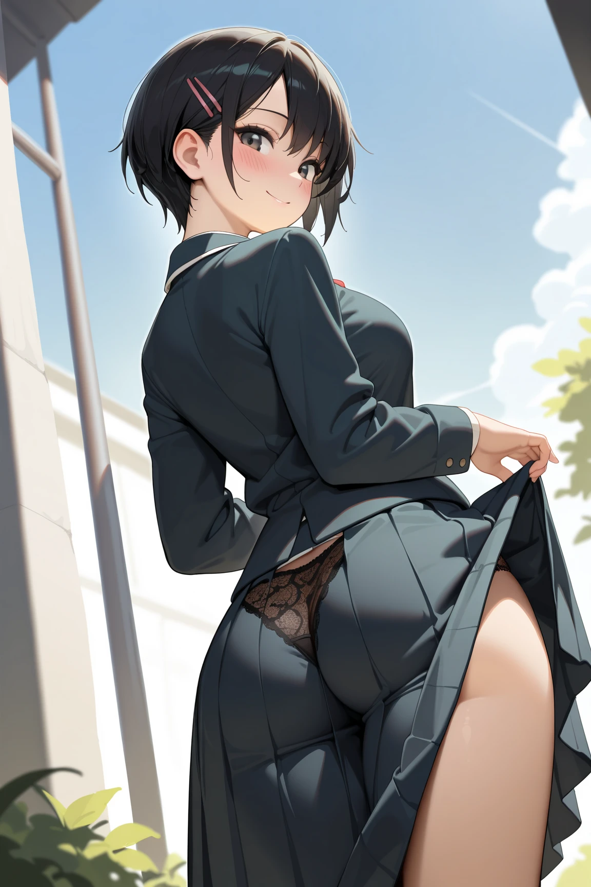 {{{masutepiece}}}, {{{Best Quality}}}, {{Ultra-detailed}}, {{extremely delicate and beautiful}},(nffsw), (Best Quality, 8K, 32K, masutepiece, nffsw:1.2),a photo of a cute girl, of the highest quality, Best Quality, Realistic, Unity, 8K Wallpaper, Official art,(10yaers old),(child),(The best princess in the world:1.5),(Uniforms with a lot of decoration:1.5),{long skirt}、{Unripe々Shishi Body}、{Upskirt due to strong winds}{{Strong wind from behind}}、{{Focus on the buttocks}}、The buttocks are visible、Butt panties、{Very crisp panties}、{Detailed panties}、(Wearing a tiara:1.3),(Smile:1.3),(Sweaty skin:1.5),Black hair,(Very short hair:1.3),(On the balcony of the palace:1.3),(,(Full body:1.2),(Skirt lift in high winds :1.7),(:1.3),(Mid summer:1.5),(Angle from below:1.7),(Lace panties are visible:1.5)、{Panties for fullbacks}