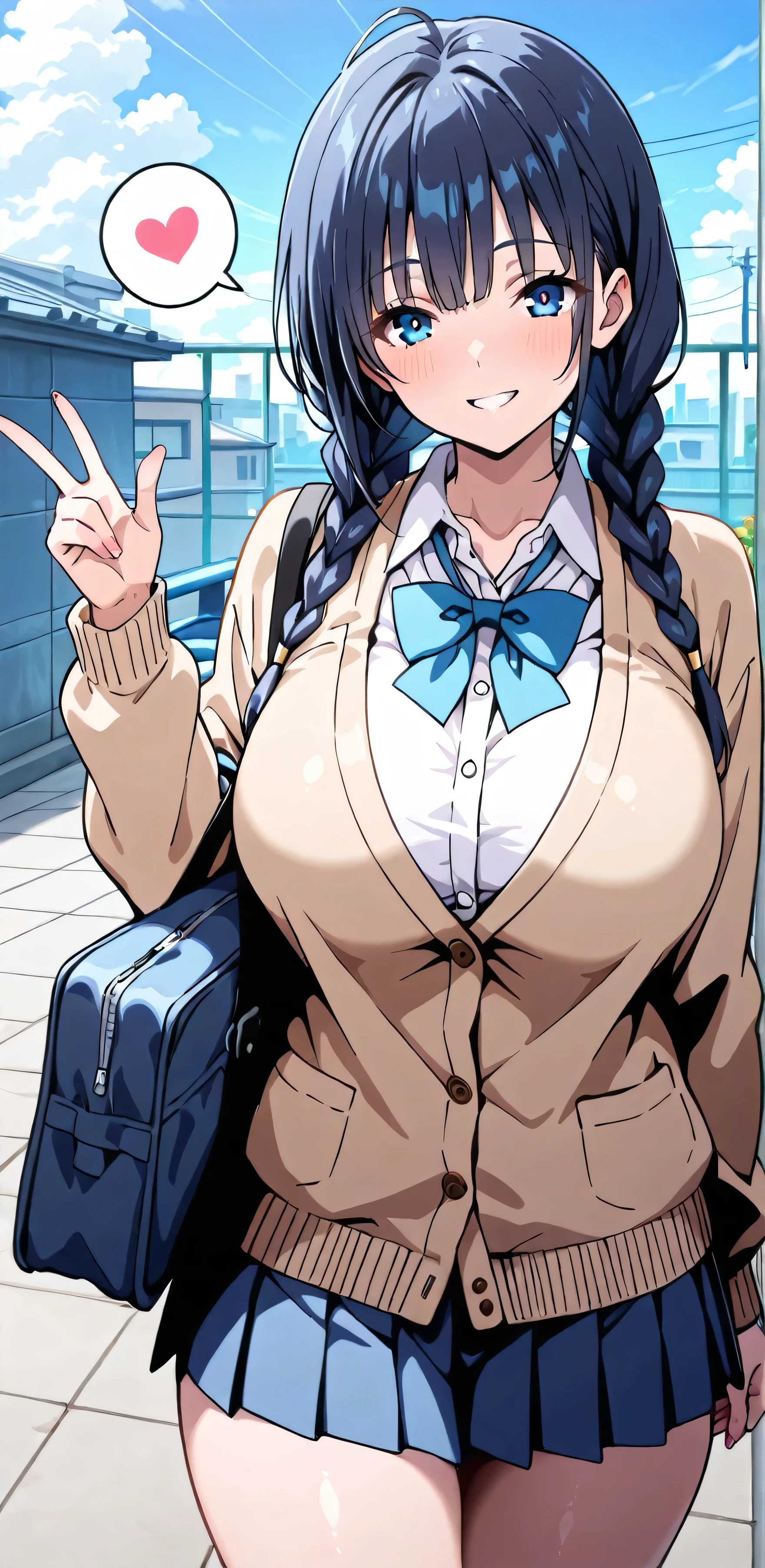 masterpiece,high definition,Highest Quality,8k,((Highest Quality)), (masterpiece)), (details: 1.4), high definition, (masterpiece: 1.4), 超details, solo girl, dark blue hair、braids, blue eyes, beige cardigan, white shirt, blue ribbon, Navy Blue Skirt, school bag、Big Breasts, Thighs、watching viewers、Audiences love it、plump body、plump body、and bend your lower back、cowboy shot、Dutch Angle、school rooftop、The Wickest Smile、heart mark in the air、spoken hart mark