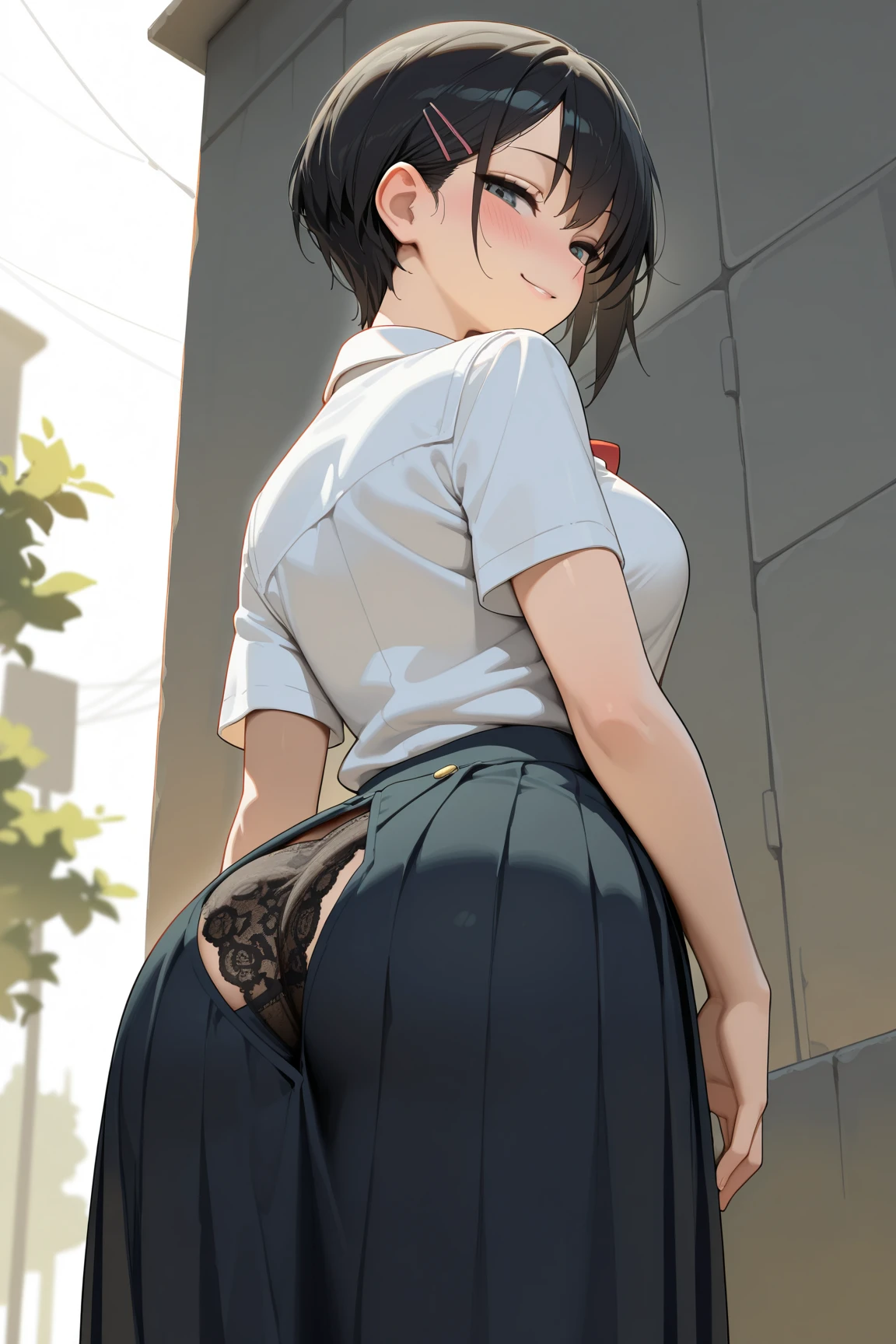 ((masutepiece, Best Quality, hight resolution, nffsw, Perfect Pixel,  4K, nffsw, nffsw))), 1girl in, Single, Solo, Beautie、full body seen、(slender:1.4), (big breasts:1.6), ((short black hair)), (Beautiful eyelashes, Realistic eyes)), ((Detailed face, Blushing:1.2)), ((Smooth texture:0.75, Realistic texture:0.65, Anime CG style)),  Dynamic Angle, Perfect body,  ((red bowtie, , Black jacket, Open jacket, Brown cardigan, White shirt, Black skirt, plaid skirts)), City staircase、Looking up from the bottom of the stairs、Very embarrassing panic smile, turned around、bending forward、(The wind flipped my skirt and exposed my butt........................、Touching the buttocks with both hands、Pink floral lace panties)、