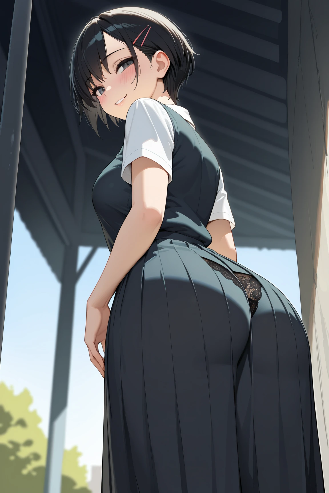 masterpiece,highres,high quality,extremely detailed,solo,
PlumpOzawa,1girl,
serafuku,neckerchief, plump body, wet legs,
pleated skirt, shy, upskirt focus view, pink striped panties, wet panties, skirt lift, panties close focus, under view, cameltoe, standing, spread legs, ass, back view