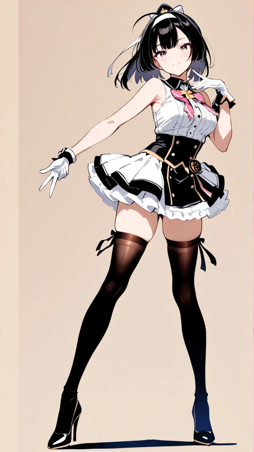 (Surreal), (Illustration), (High resolution), (in 8K), (Extreme Detail), (Best Illustration), (beautiful detail), (Best Quality), (masuter piece), (Wallpaper), ( Detailed face), full body Esbian、persona４、Risekujikawa, Twin-tailed、Brown hair、School Girl Uniform、Squint and smile、 Realistic fantasy rendering, Realistic anime girl rendering, Full body portrait, (Big Breast: 1.4)  popular in CGSTATION, wlop. 4K、Yellow background、highlight in eyes