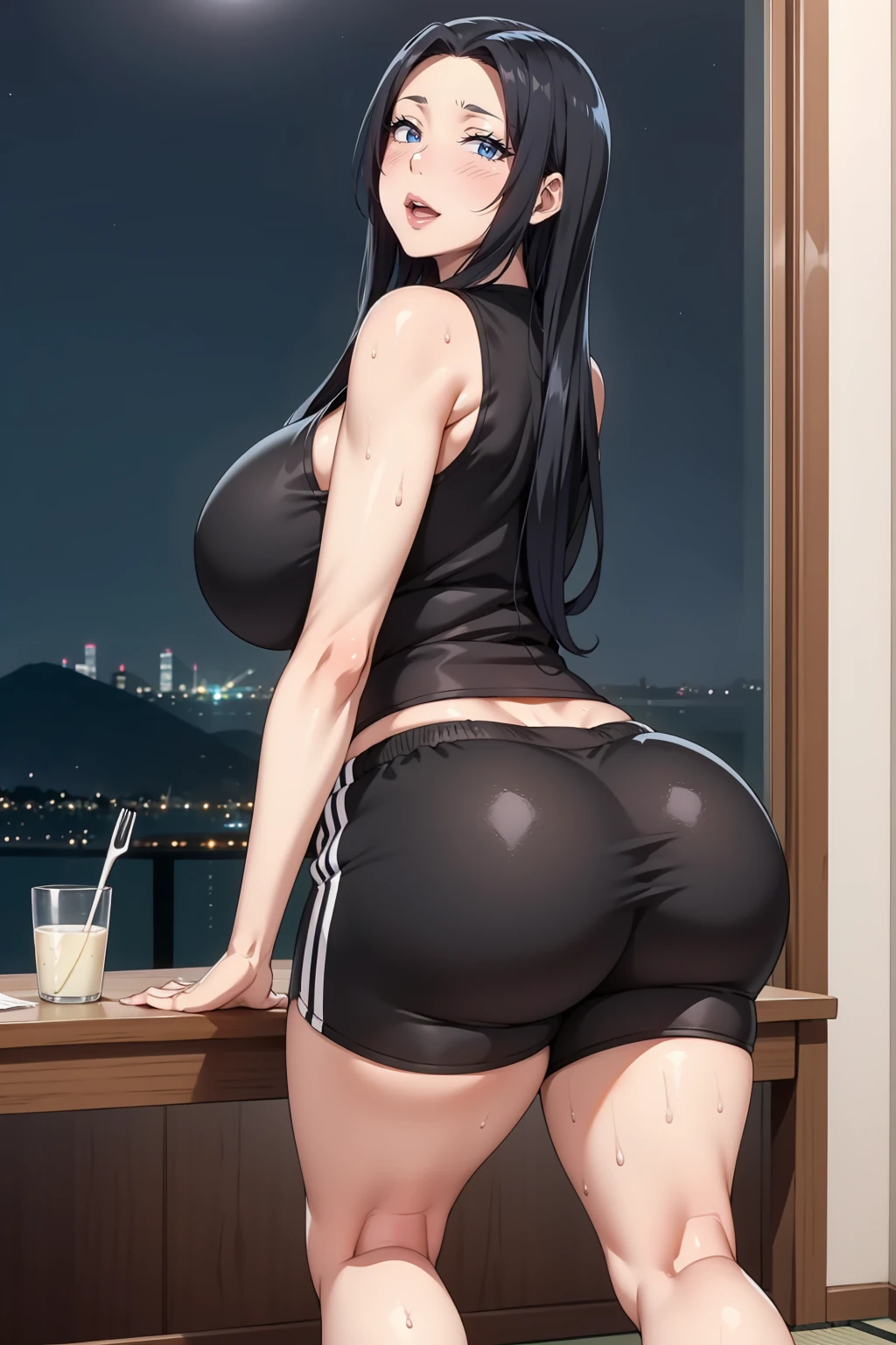 Best quality, massive breasts, massive ass, very curvy, long black hair, black hair, long black hair blue eyes slutty, gyaru, full lips, seductive, smiling, gym, workout, exercise, black clothes, yoga pants, gym, lifting, heavy lifting, darkskin, tan, grey pants, grey yoga pants white massive ass, curvy milf, exercise, exercising, , gym, inside the gym, ultra clean, ultra hd, black striped clothes, black stripes, black pants , best quality, dynamic pose, sitting, sitting on the ground, sitting, drink, drinking water, drinking water, drinking water out of bottle, milf, big lesgs, big , plump, curvy, drinking water