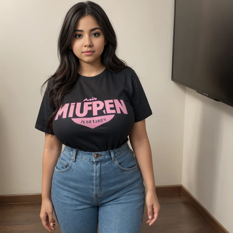 monali thakur Indian beautiful actress curvy plus size hour glass bulky figure woman, closeup camera view, wearing Plus Size Women's Floral Print V-Neck Short Sleeve T-Shirt SKU: sz2312160806031033 GBP£8.99 GBP£11.49 -22% Including VAT Color: Hot Pink, different style hairstyle, bright eyes, thin eyebrows, fair skin, blushing cheeks, prefect head to toe view, full body view, Urban Graffiti Wall: A colorful graffiti wall with street art, murals, and urban expression. smile face, black hair, Indian face, perfect skin tone light, ultra realistic skin texture