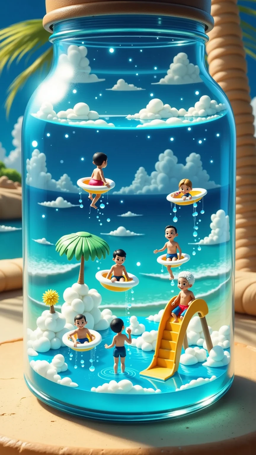(Water park:1.5),Another world in a glass,a miniature world in a glass,background is beach