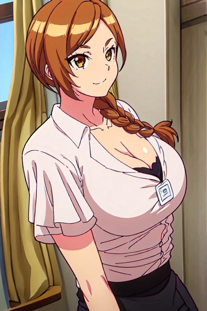 1girl, breasts, solo, cleavage, braid, brown_hair, smile, brown_eyes, looking_at_viewer, shirt, long_hair, large_breasts, white_shirt, skirt, hair_over_shoulder, collarbone, short_sleeves, upper_body, black_skirt, single_braid, curtains, closed_mouth