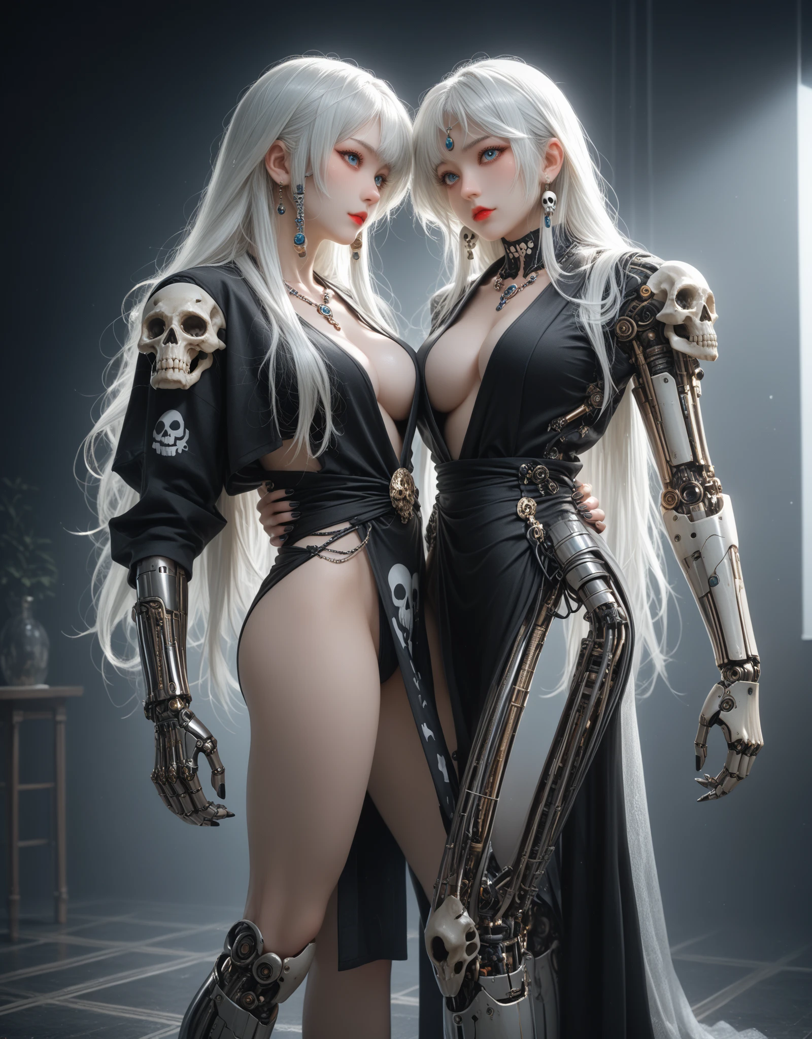 1 woman, realistic, with chain in boddy, detailed skin, detailed face, bikini transparn, robo pants, highligt image, perfect, robo, muscle,