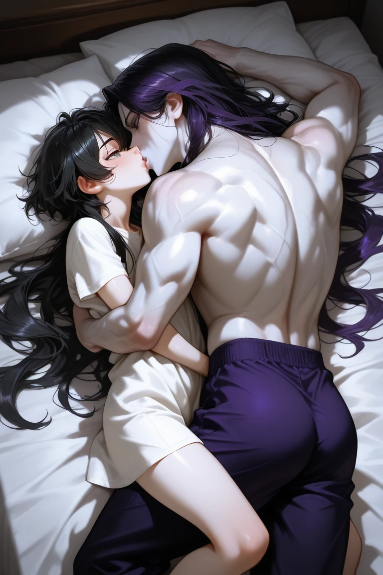 matingpress, 1girl, 1boy, lying on back, vaginal,mating press,hinatsuru (demon slayer), black hair, violet eyes, side view, 1 image only