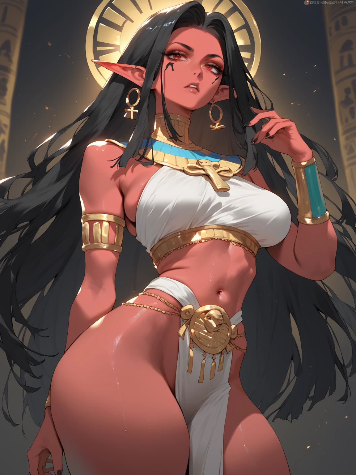 Young ebony girl, black skin, Long black hair, elf ears, red-eyes, Egypt princess, golden jewelery, anger, Masterpiece, hiquality