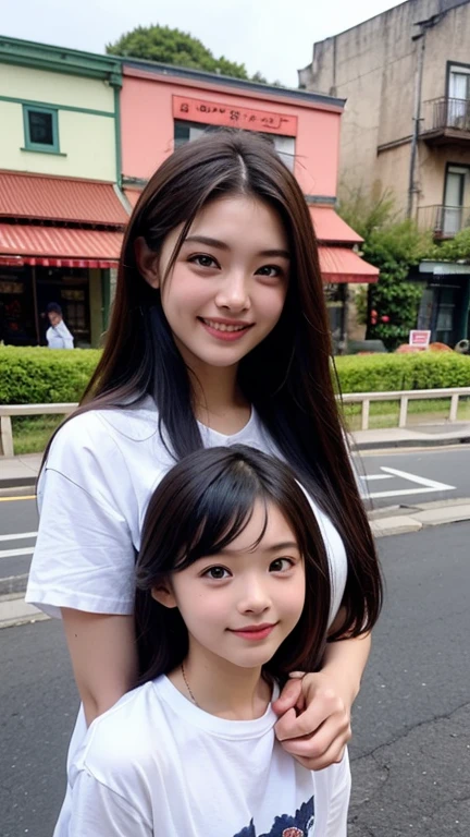 identical twin sisters, An older sister holds her younger sister from behind、16 years old, bangs, Close-up、off-the-shoulder top