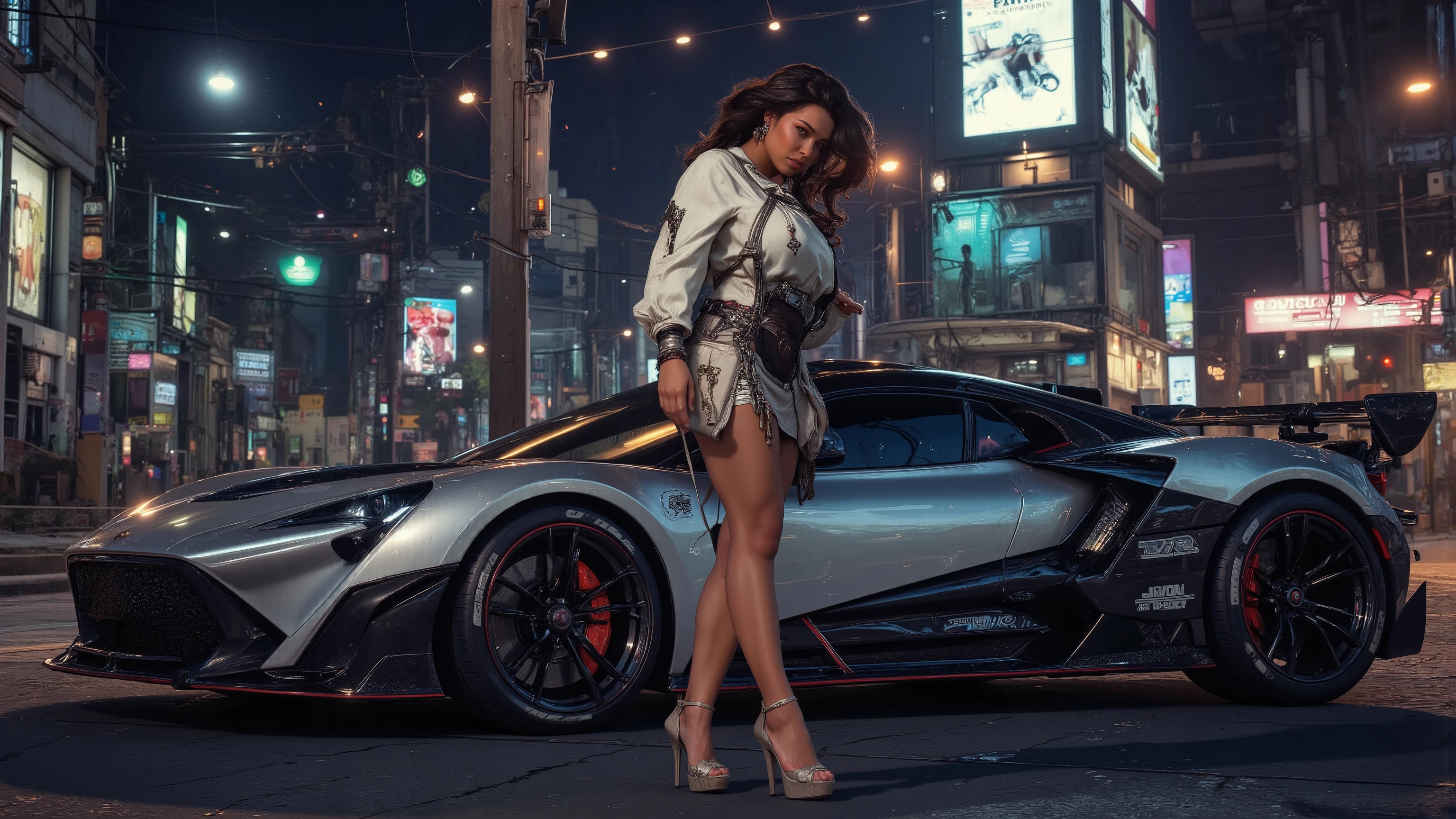 An athletic female is posing in a western cyberpunk city near a cyberpunk sports car (from the brand "Dream Diffusion", "Flux-Hi" "v8" model), at night, wearing a futuristic outfit (including high-heels) and adorned with intricate neon and rich jewellery. Autumn, wind, horizon, sharp light and shadows, cityscape, panorama. Her hair is beautifully styled. She has an highly defined body, highly defined muscles, extremely detailed realistic natural skin with skin pores, shiny skin, perfect hands, perfect eyes, ultra detailed body, ultra detailed face, ultra detailed feet, ultra detailed hands, ultra detailed eyes. Breathtaking attention to details, neon lights, RAW photo, photorealistic, ray tracing, UHD, DSLR, 16K, HDR, cinematic, masterpiece, award winning, beauty and aesthetics, high contrast, fine details and textures.
