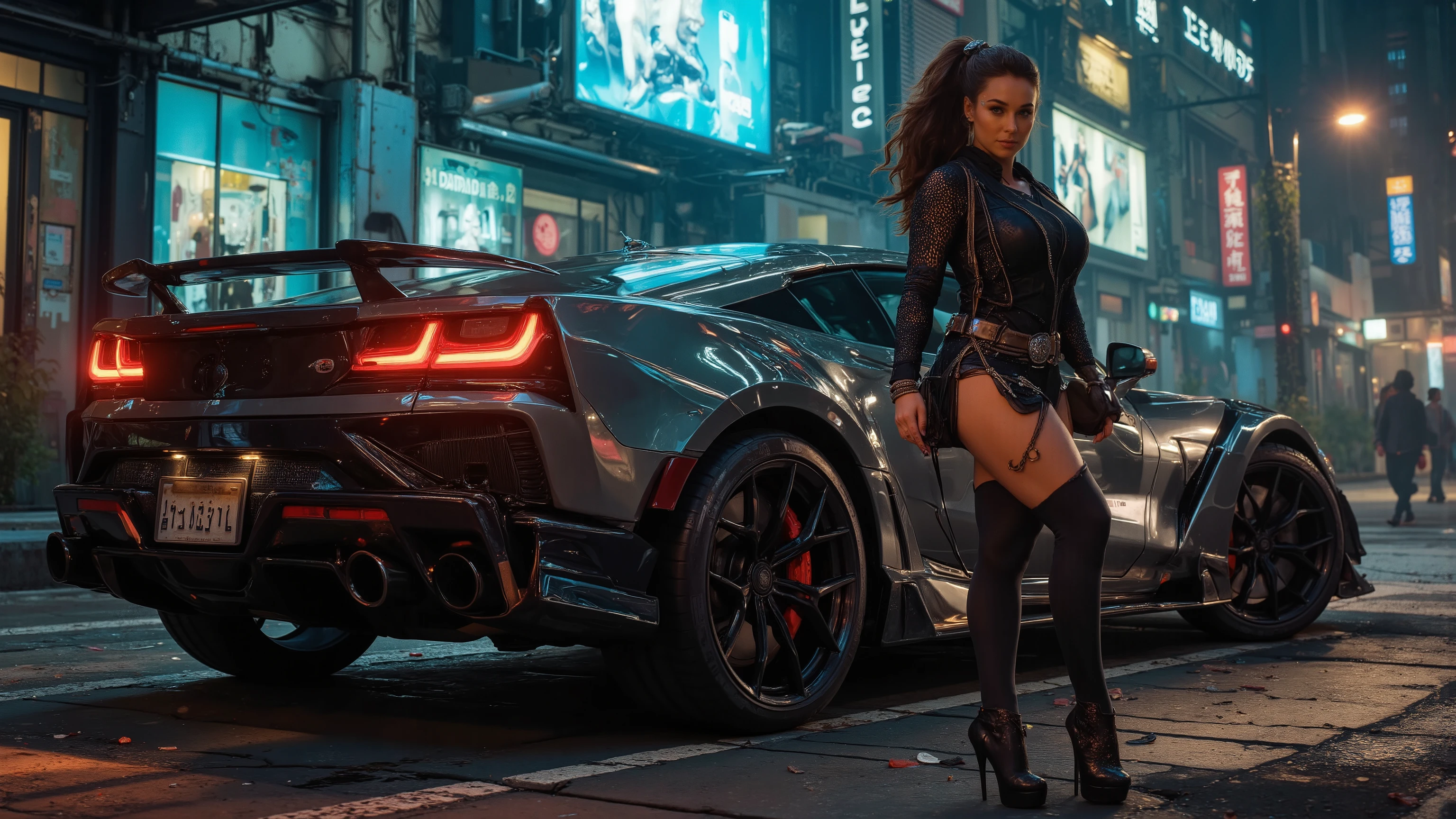 Close-up, neve, blade runner aesthetics, cena de blade runner, uma supermodelo muito bonita, louro, com quadris muito largos e cintura estreita, full lips, cintura pequena e quadris grandes, Red lipstick, com roupas cyberpunk em uma cidade cyberpunk movimentada com placas de neon, neon lights, foco nítido, Studio photo, detalhes intrincados, altamente detalhado, profundidade de campo, foco nítido, High detail, textura de pele realista, Realistic, fotorrealista, Arte Digital, tinta escura, Directed by: Greg Rutkowski