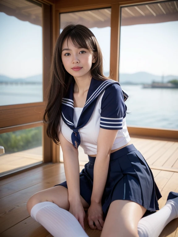 (masterpiece, highest quality:1.2), 8K, young beautiful girl, 85mm,Official AR RAW photo, baby face、clothed big breasts、show me your ears、photo shoot, cute face, thighs, After school classroom, looking at the viewer, embarrassing、smile、no makeup, film grain, chromatic aberration, sharp focus, face light, clear lighting, Ten generations, detailed face, background bokeh、((((((18 year old high school girl))))))、thin waist、sailor suit、not wearing a skirt、pubic hair、vagina/pussy