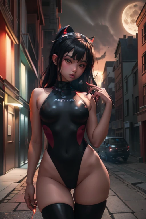 score_9, score_8_up, score_7_up, score_6_up, score_5_up, score_4_up, 1girl, Misato Katsuragi BREAK upper body, view from front, facing viewer, closeup of face, seductive look BREAK (wearing black micro bikini), (long black hair), ponytail, bright detailed blue eyes, (big eyes, well opened eyes), (large breasts), cleavage, arched back, standing, tiny waist, (flat stomach), athletic BREAK neo tokyo well lit highrise building, filled with neon signs, well lit by red neon lights, translucid, fine red lips, pinup pose BREAK official art, masterpiece
