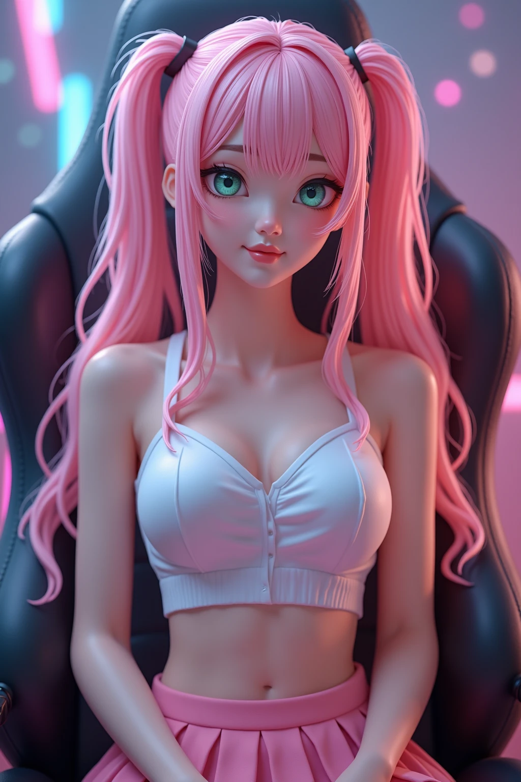 (best quality,8k,16,highres,masterpiece:1.2),ultra-detailed,(realistic:1.37) UHD, exited attractive mature woman, pink hair, beautiful detailed eyes, detailed face and expressions, rendered eye ,perfect anatomy, beautiful detailed lips, (wearing tight black tanktop), smirking, lusty, horny blushing, lying on couch, on back, leaning forward, simple lying, looking at viewer, happy, smirking, lusty, horny blush, not too close to viewer, relaxing atmosphere,neutral color scheme ,cozy environment,soft natural lighting, exited expressionenthusiastic gaming session,console gaming, Detalied TV in background, gaming room room, simple background, night time, shot straight, one hand between breasts
