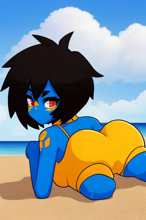 ((masterpiece,best quality)), absurdres, Lana_Pokemon, nude, solo, smiling, looking at viewer, cowboy shot, tropical background, cinematic composition, puffy nipples, (young:1.8) (small breasts:1.4) short, on knees, riding human sex, vaginal penetration, creampie, shocked, scared, clenched teeth, motion lines, (impregnation) arms behind back