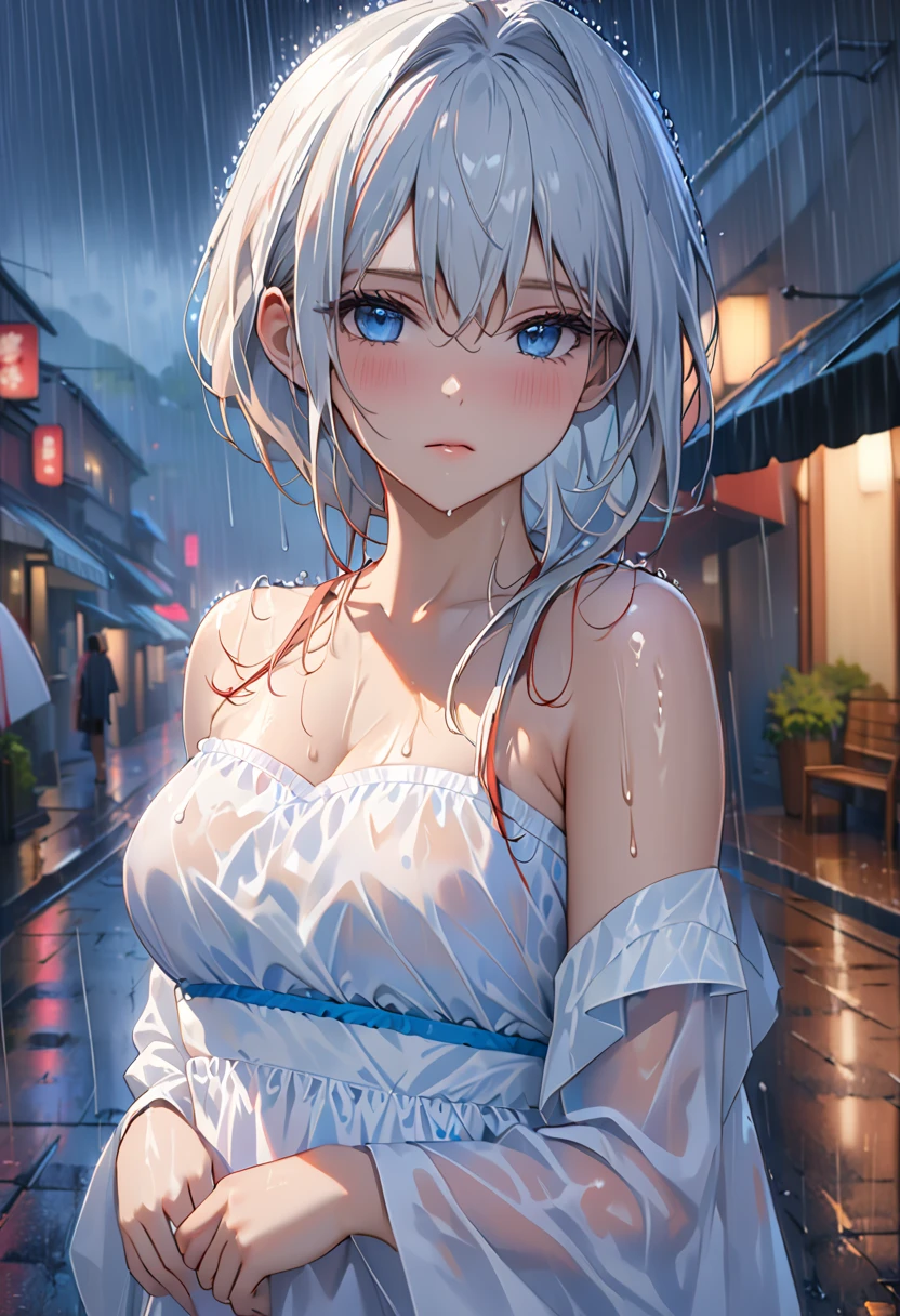 ((Best Quality, 8k, Masterpiece: 1.3)), Focus: 1.2, Perfect Body Beauty: 1.4, Buttocks: 1.2, ((Layered Haircut)), (Wet body) , (Rain, Street:1.3), (naked), Highly detailed face and skin texture, Fine eyes, Double eyelids, Whitened skin, Long hair, (Shut up: 1.5), Bare shoulders