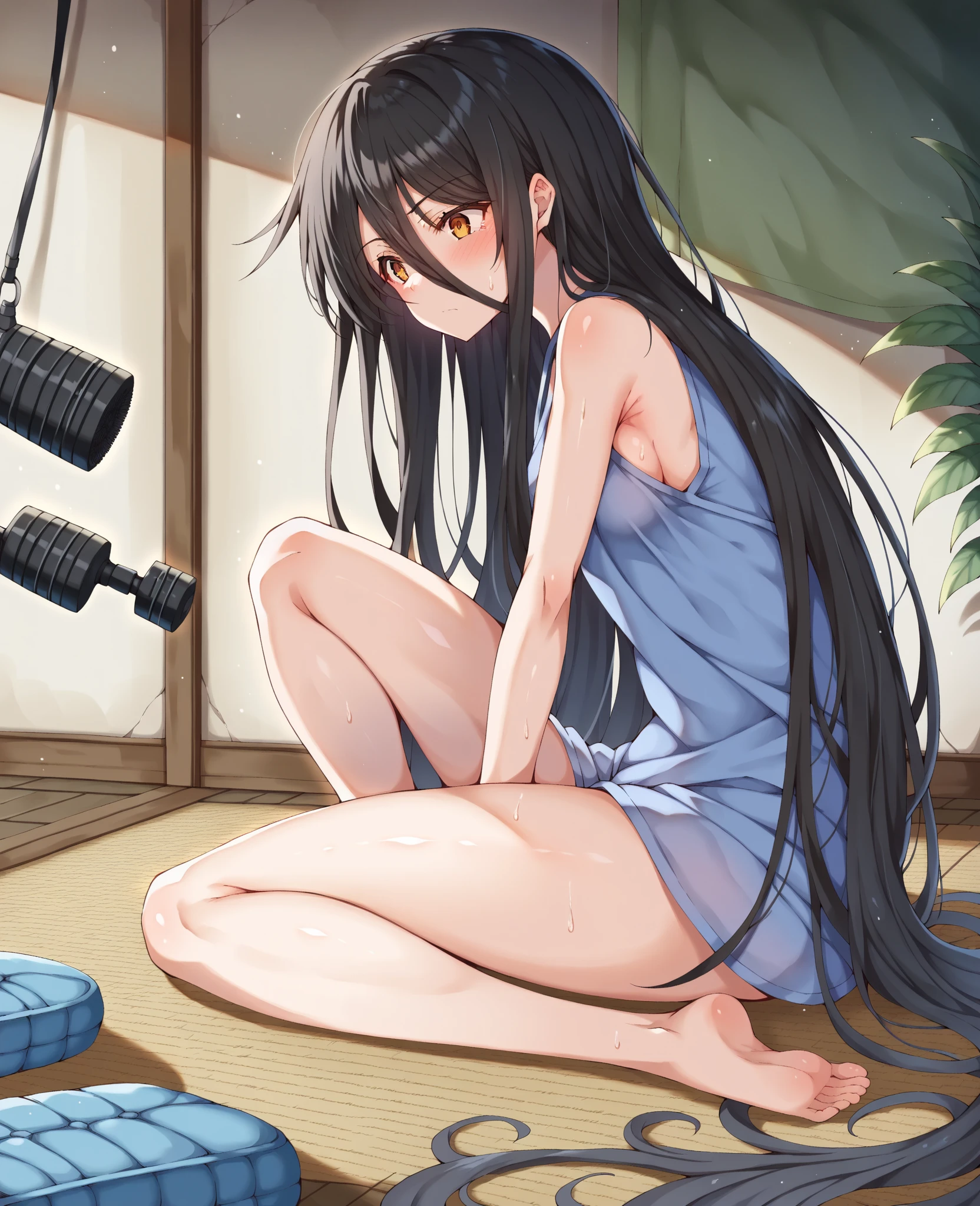 (best-quality:0.8), (best-quality:0.8), tan skin, long black hair, straight hair, brown eyes, feminine, freckles, petite, nude, sitting, feet, soles