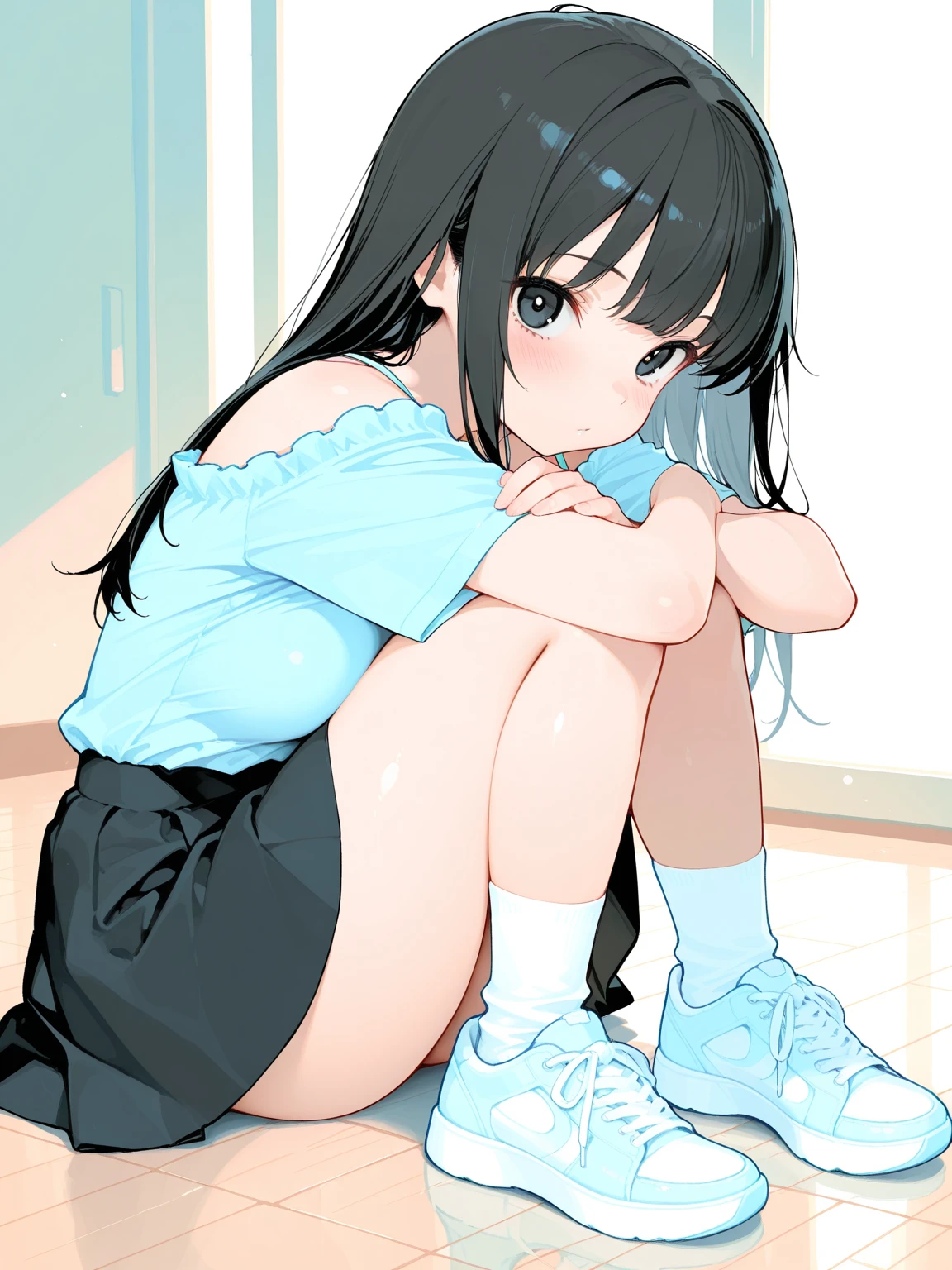 Black Hair　Panty shot　White underwear　Crouching girl