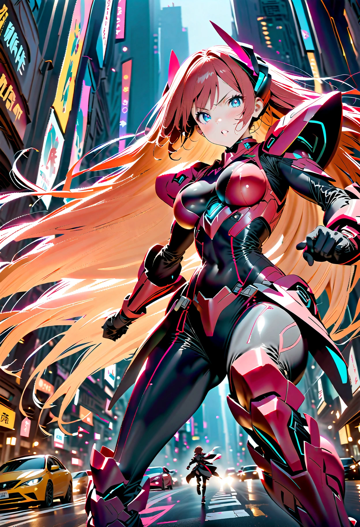 (masterpiece, best quality, detailed), 1girl, solo, TohruDragonMaid_NDV, blonde hair, large breasts, long hair, horns, multicolored hair, slit pupils, orange eyes, looking at viewer,
<lora:mecha_offset:1>, mecha musume,mechanical parts, robot joints,single mechanical arm, headgear, mecha corset, full armor, outdoors, cyberpunk, city, night, city lights, neon lights, graffiti, car, dark, science fiction, fighting stance, (clenched hands), legs apart, smile, open mouth, smug, v-shaped eyebrows