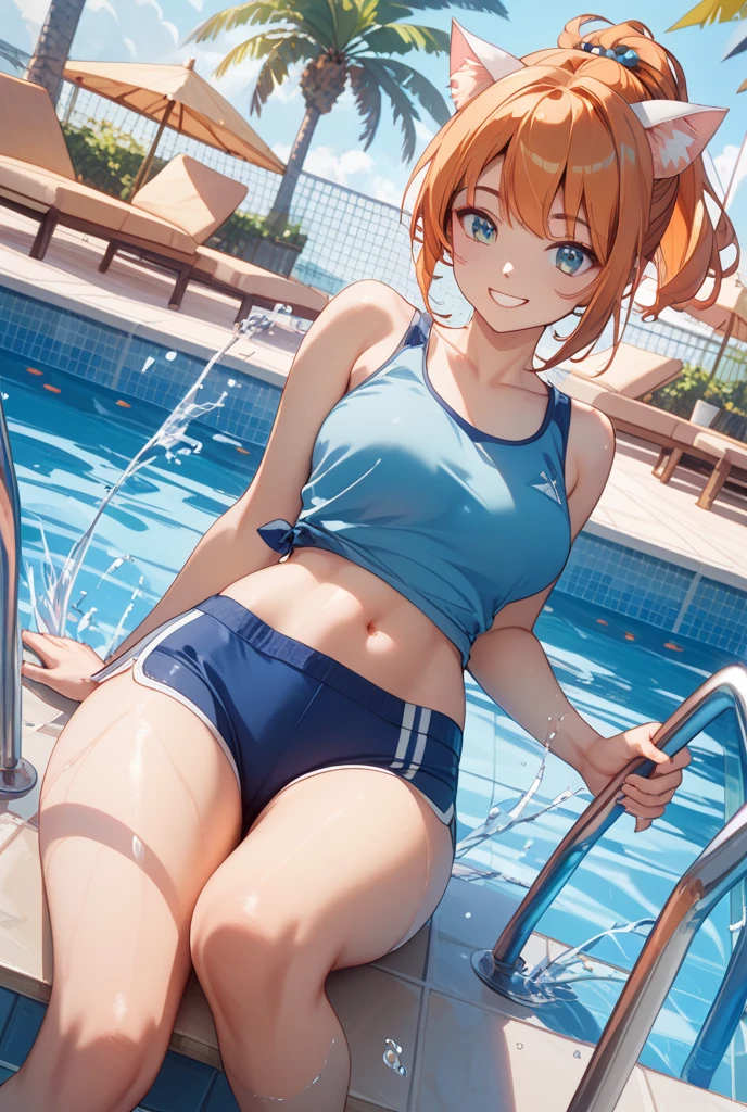 I'm a girl in high school gym clothes。Play sports。ponytail、just out of the bath,Sweat,female masturbation, on the bed,spread your legs,(((masterpiece))), 1 girl,small breasts, Shaved,sex
