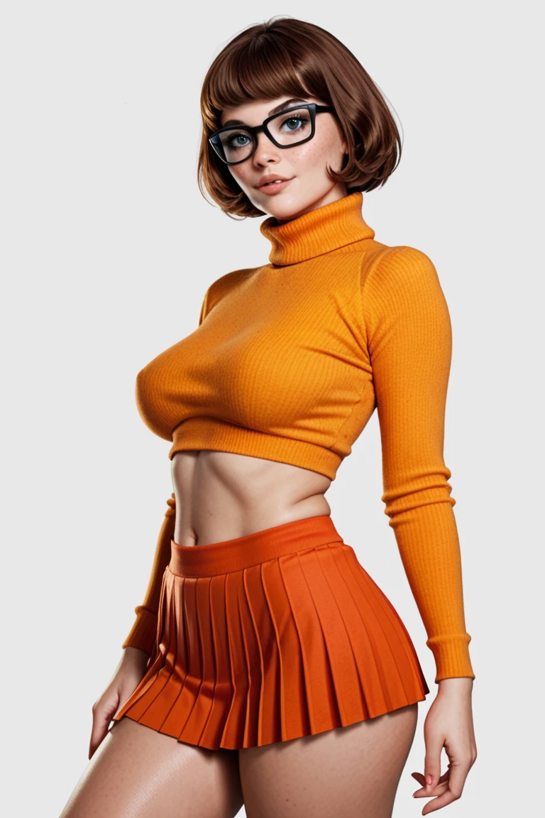 ultra realistic photography, artwork, Professional photography, awarded, (Full body shot: 1.4), (frontal photo: 1.4), (photo 8K: 1.4), (sharp focus: 1.3 ), (light: 1.4), (cinematic lighting: 1.4), (Carl Zeiss 85 mm F/1.4), (very realistic skin: 1.4), (tanned skin: 1.2), ( Short bob haircut with straight brown hair: 1.4), (small bust: 1.1), (Perfect toned legs), (((Wilma Dinker the Scooby Doo))),famous (Very short red pleated skirt), (square glasses), (Orange Turtleneck Long Sleeve Sweater), (Orange high socks), (Red Sciletto) in a very sensual position, (pose sexy: 1.4)