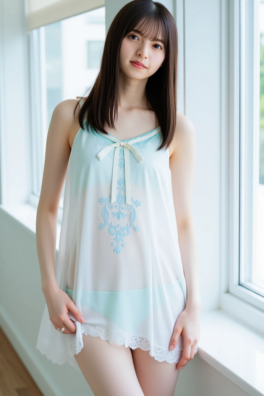 ((highest quality, masterpiece :1.3)), Photorealistic、Ultra-high resolution、Natural skin texture、Hyperrealism、Reflection from the waist up、Beautiful Japanese girl in her early teens、One girl、blue Nightgowns with transparent skin、bondage with rope、Frightened expression、Tears flowing