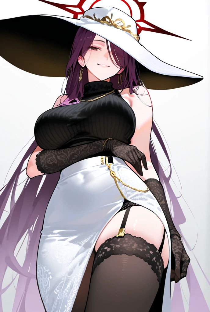 ((Masterpiece, ultra-high definition, ultra-high definition, 8K quality)), 1 beautiful female, (((white witch hat))), (((shining purple long hair))), (((bangs bangs))) (heart-shaped pupils) ((shining clear purple eyes, Very long eyelashes)) (orgasm) (((white PVC knee-socks))) (((white PVC long gloves))) (((white sequined micro bikini))), (((thong and garter belt))) (((very big breasts, skinny body))), ((charming smile, sexy pose)),