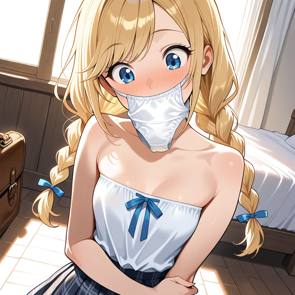 piperBS, 1girl, blonde hair, hair bun, blue dress, puffy sleeves, short sleeves, pink gloves, fingerless gloves, pink belt, shoes, blue footwear, ((((gagged)))), cute and blushing 18 years old anime girl, look away because she is embarrassed and blushes, bright blue eyes, detailed face, detailed members, detailed arms, detailed hands, Girl lying, tied by ropes, shackled, can no longer move, tied tightly, very hard tied up with lots of ropes, hampered by so many ropes that she can no longer move, bound hands and feet, ropes tie his whole body, tied extremely tightly and forcefully to her bed by a lot of ropes, its limbs are strongly tied together by ropes, his torso is tied up with thick cords, her chest is so tied up with ropes that it sticks out, her legs are tied tightly with thick ropes, his hands are tied behind his back with ropes, she can no longer move her feet, her hands which are tied by thick ropes, she desperately tries to free herself, likes to be tied tight with big ropes, likes to be immobilized by big ropes, lying down, his hands and feet are strongly tied to the railing of his bed, his legs are pressed together and tied with ropes, its limbs are held vigorously by imposing ropes, her hands are tied securely behind her back by ropes, her chest is compressed by strong ropes, she is pressed against her bed and restrained by large ropes, (shibari, arms behind the back:1.4), (hands on the back), (masterpiece, best quality) 1.5, 1girl, solo, (sexy, beautiful woman, perfect face, perfect eyes, perfect hands), samus aran, (hands on the back), Spread the legs, s&#39; ((lie in bed by big ropes)), ((close up of the girl)), ((((lie in bed)))), ((((arms tied behind the back, Legs Tied,La fille est allongée sur le ventre, La fille est allongée sur le sol:1.5)))), ((((girl seen from behind:1.4)))), ((((girl lying down on her stomach:1.4)))), ((((Outstretched arms:1.5)))), ((((Detailed hands:1.5)))), ((((bedroom decor:1.4)))), ((((realistic decor:1.4))))