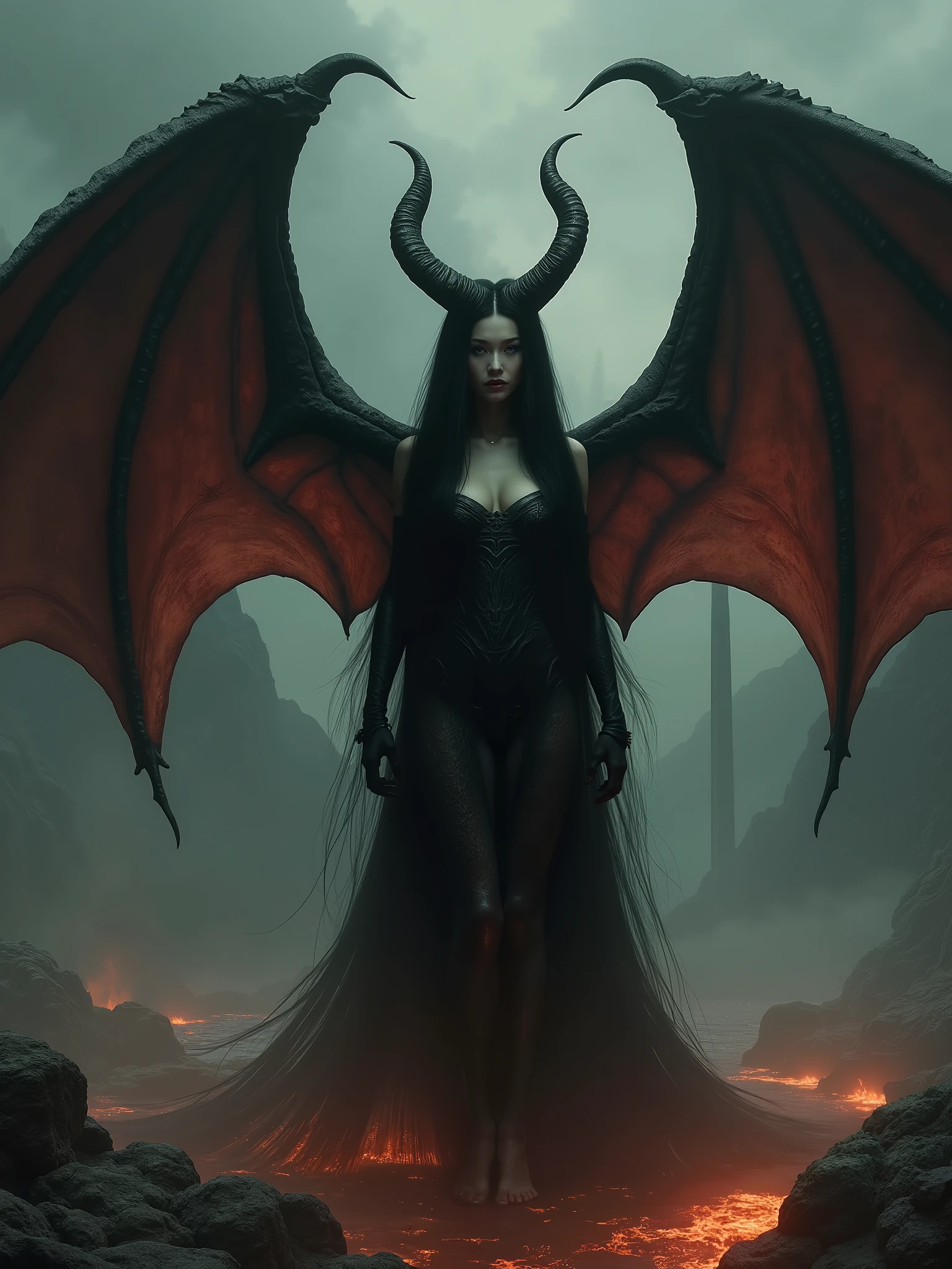 Create a vivid and chilling depiction of a soul-sucking, extraordinarily beautiful demon woman. Explore the sinister allure in her presence, blending the supernatural elements of her demonic nature with the mesmerizing charm that captivates those unfortunate enough to cross her path