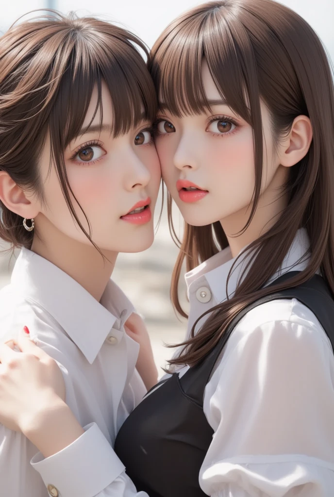 (RAW photo:1.2), (realistic), beautiful detailed girl, very detailed eyes and face, beautiful and detailed eyes, huge file size, High resolution, very detailed, highest quality, [table top:1.6], shape, very detailed, small details, highest quality, 8k wallpaper, movie lighting,Two 15-year-old junior high school girls, Happiness hugging each other in the classroom, kissing each other, kiss, In underwear, I can see the white bra, I can see white pants, Sounds like fun, slender body, young face, immature body, underwear exposed,school classroom, During class, mechanical、Chair