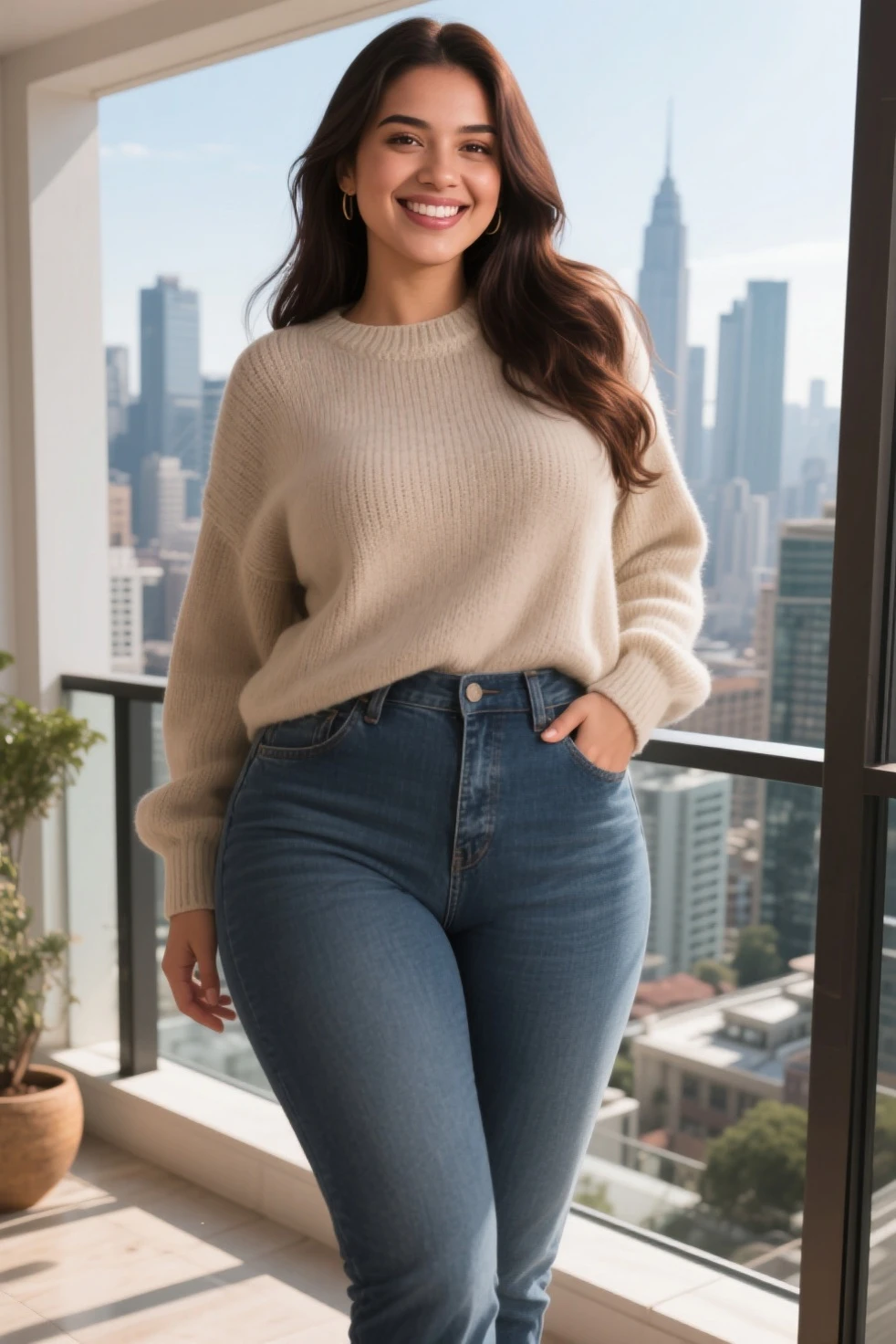 (view from top) (Realisitc:1.5) woman Wide-leg pants with a sweater <lora:EdobKellyPelenka_v1.0:0.8>