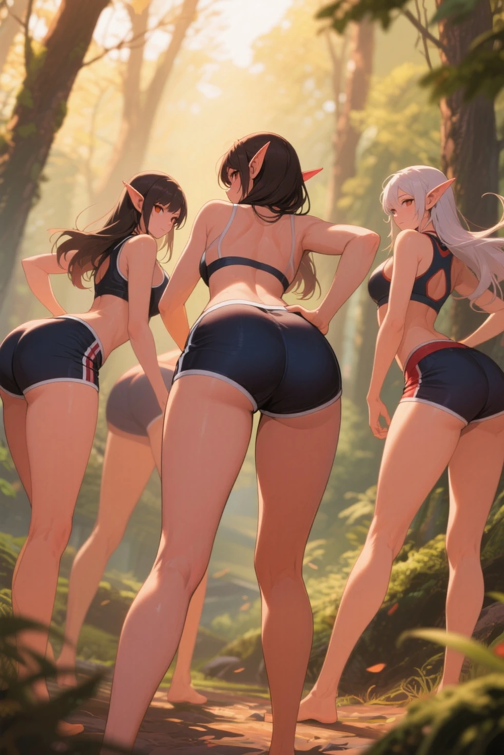 4 vixens, The human body, The head of the fox, Fox's tail, Back Shadow,ln the forest, run,outside