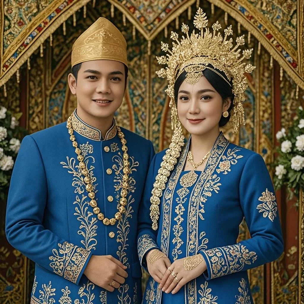 there are two people dressed in traditional clothing posing for a picture, potrait, couple, wedding, protrait, emir, traditional dress, full protrait, bride, traditional clothes, couple portrait, traditional portrait, ceremonial portrait
