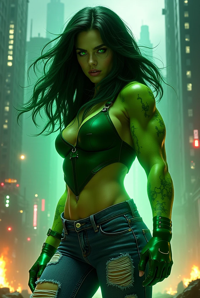 She-Hulk, marvel multiverse, avengers endgame, green skin, traje tipo leotardo sexy color azul y negro, traje de super Hero, piel color verde, beautiful, YOUNG, sexy, skinny body, Strong body, musculosa, small and beautiful breasts, nalgas pequeñas y beautifuls, toned abdomen, small waist, Hero, powerful, fighting in New York City, very tall buildings, avengers tower building, alien invasion, Explosions, destruction, burning buildings, realist, Excellent quality, 4k, great definition, imagen realist com gran profundidad, Maximum details, 