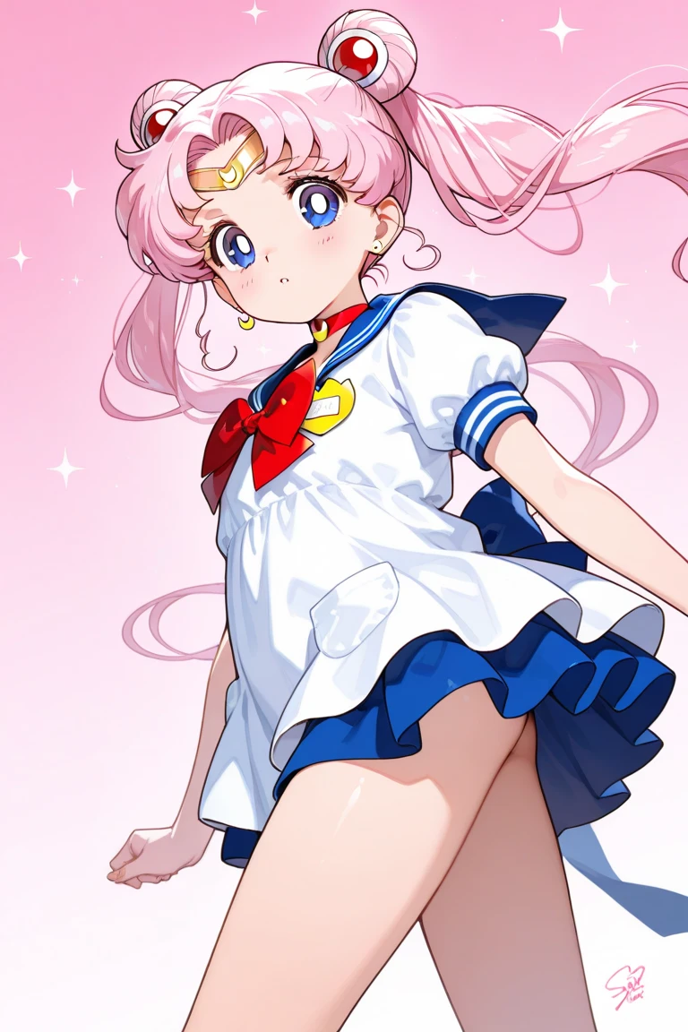 obra maestra, Mejor calidad, absurdos, perfect anatomy, 1 chica, Solo, SMMoon, 1990s \(Estilo\), Sailor Chibi Luna Cabello Rosa, pupilas rosadas ojos, subir las escaleras, de cerca, Sonrisa, tiro de vaquero, Uniforme Sailor Senshi Rosa, Collar marinero rosa, falda plisada rosa, guantes de codo, en postura de espalda, Show off your loot, backward, No hay tanga en un gran trasero, cuerpo completo, aausagi, de cerca booty (falda levantada por el viento, Exponiendo su)