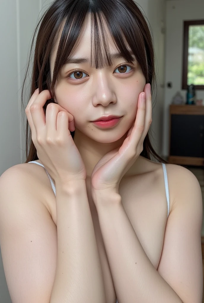 masterpiece、Highest quality、Realistic、(超Realistic), (Awareness-raising), (High resolution), (8k), (Very detailed), (The best Awareness-raisingns), (Beautiful and fine details), (Highest quality),（ Laughter）、 (Ultra-detailed), (masterpiece), (wallpaper), (Detailed face) 、lightly open-mouthed、Sticking out tongue、Laughter,（Underarm）,（ Laughter）,Plump,solo,Luxury Bedroom、（Wearing a silk open-neck shirt）, Sweaty, Japanese, (Camel Toe)、（Big huge breasts）、Big Tits、Simple living room, Well-maintained white teeth、Ultimate beauty、Sweaty、Cleavage、belly button、Underarm、Beautiful female hands、Brown eyebrows、Captivating look、Beautiful waist、Sexy panties、Angel Lip、Mecozi、Teenage Girls、Underarm、Hair length、Butt、Perfect Fingers、Abdominal muscles、So ridiculous、lightly open-mouthed、Professional Lighting、Vacant rooms、Anatomically correct、