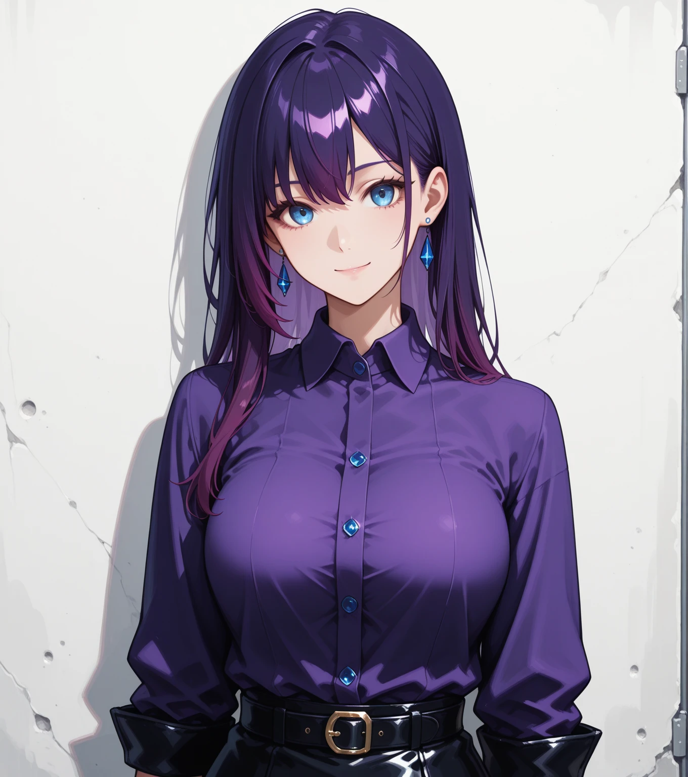 highres, highest quallity, illustration, ultra detailed, (detailed face), (detailed eyes), cinematic lighting, best quality, hyper detailed, masterpiece, fine lines, 1girl, solo, purple hair, purple eyes, black blazer, white shirt, black tie, jewellery, necklace, luminous eyes, medium breasts, light rays, (colorful), upper body, smug, outdoors, concrete wall, industrial