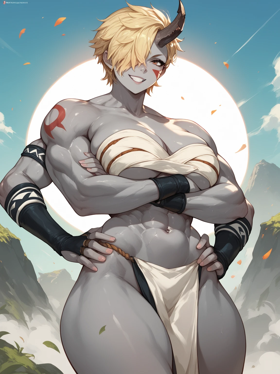 1woman, solo, short bob, tiger girl, large breasts, abs, chest plate, waistcloth, Beastly limbs, Humanoid face and body, Powerful claws, Tiger ears, Tiger stripes on cheeks, standing, Serious face,