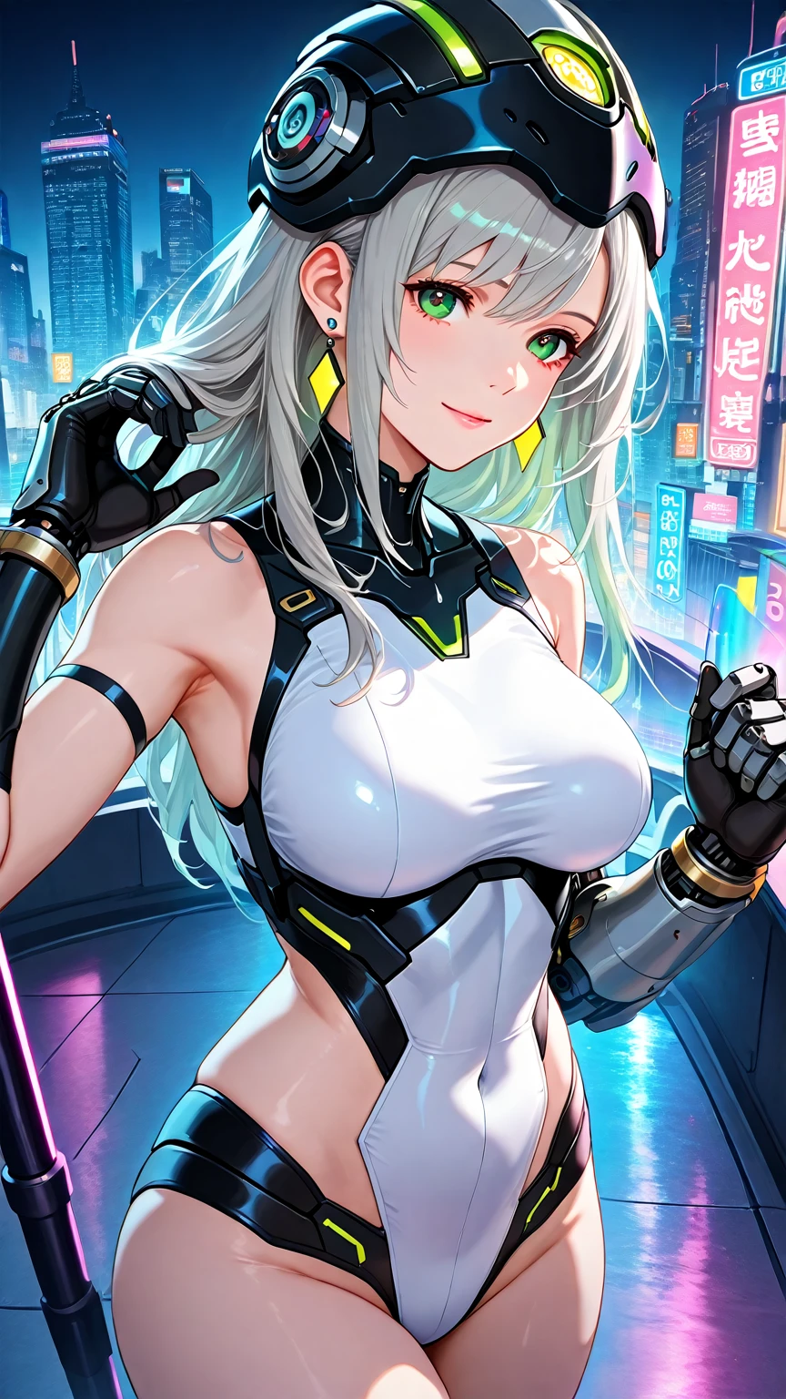 belissima cyberpunk science fiction book image, sensual and erotic young voluptuous special cyborg policewoman in a highly sexy futuristic technological uniform with a black low cut and beautiful and long completely white hair, orelhas eletronicas e pontudas de elfa, um olho azul e outro vermelho, back view doing erotic pose