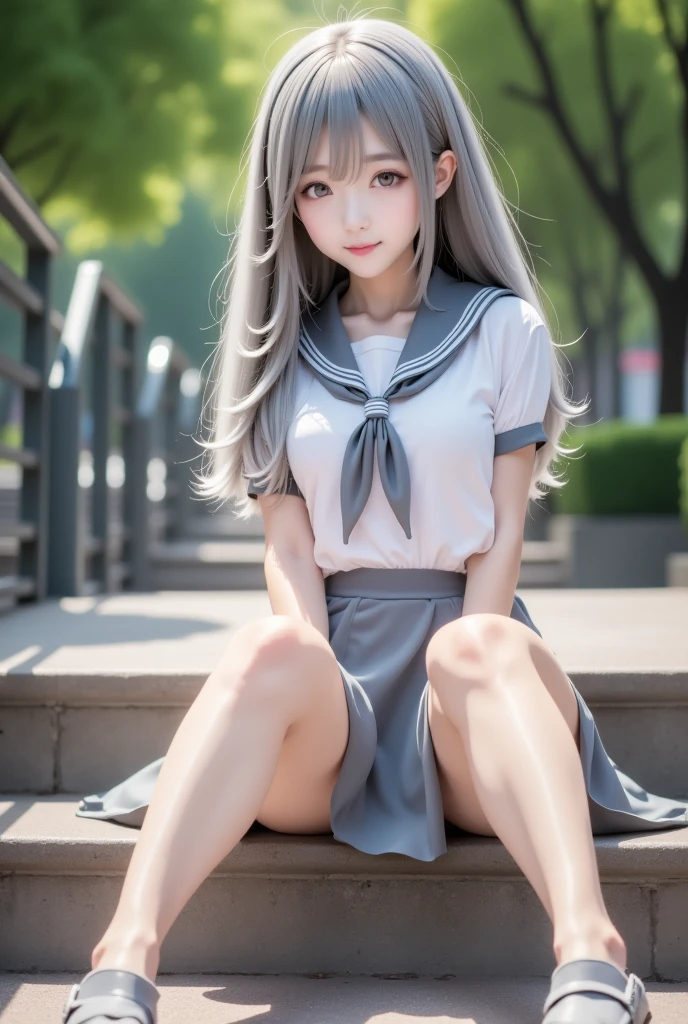 japanes、flat chest、highleg、a miniskirt、The whole body can be seen from directly below、Delicate body、Silver-haired ponytail、Beautiful open legs