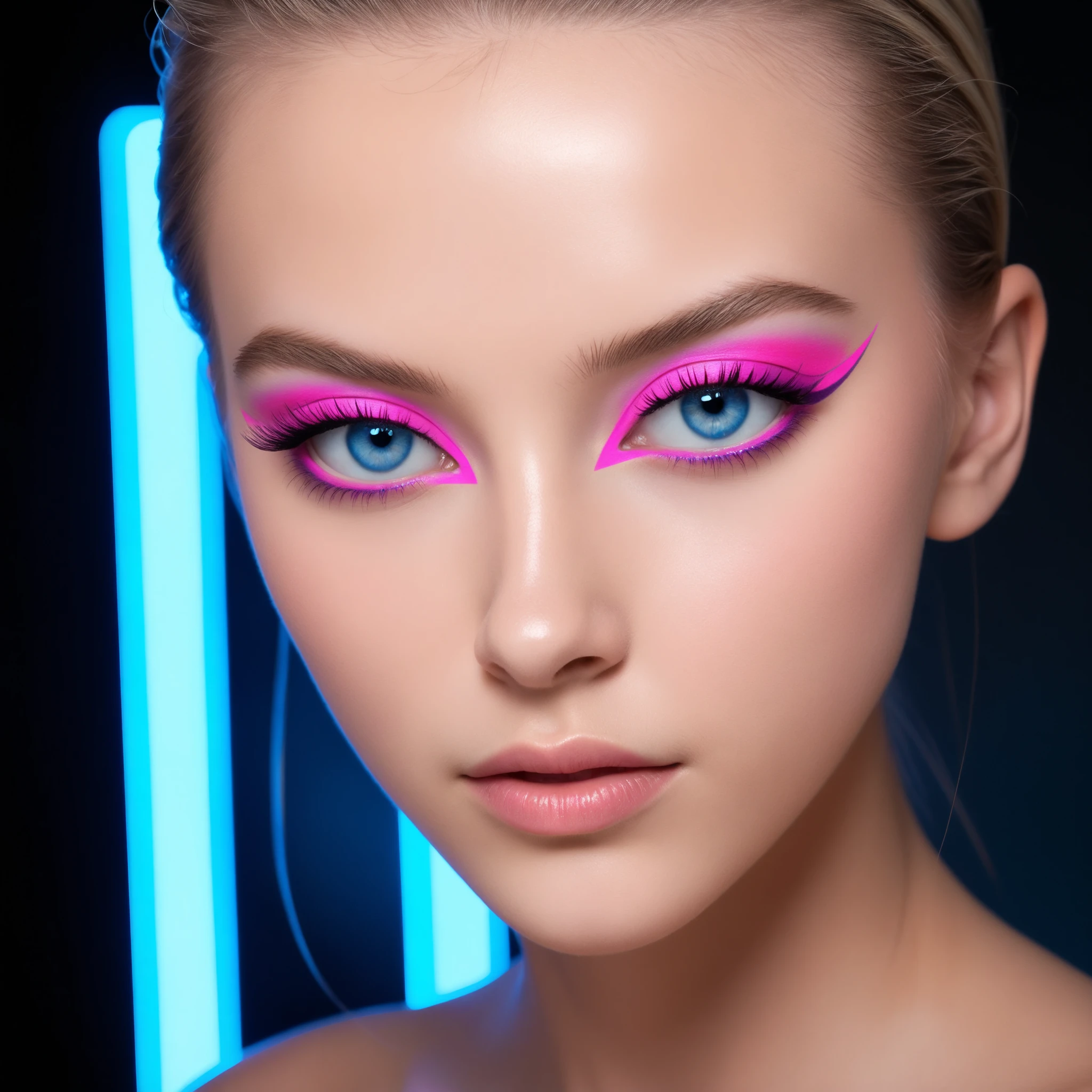 Extreme close-up of a 20-year-old female model in a high-end studio. Her almond-shaped blue eyes are framed with minimalistic neon pink and purple eyeliner in geometric shapes. Clean glowing skin, subtle highlighter. Hair slicked back tightly. Eyes locked on the viewer. High detail, soft cinematic lighting, futuristic yet elegant.