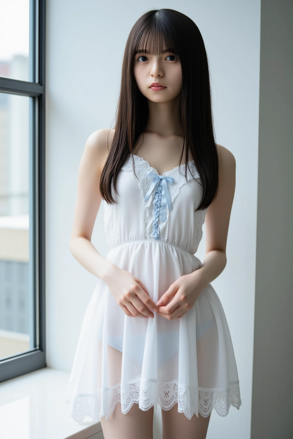 (There was a 16-year-old Japanese girl who, despite being only 13, had a slim body, medium breasts, and a very cute baby face.:1.5),(Full body portrait:1.5),very narrow waist,All pure white sheer miniskirt lingerie, lace gloves, high heels and garter stockings,Frightened look,Standing empty-handed and looking away,girl is looking somewhere,Secretly taken from the side at a distance