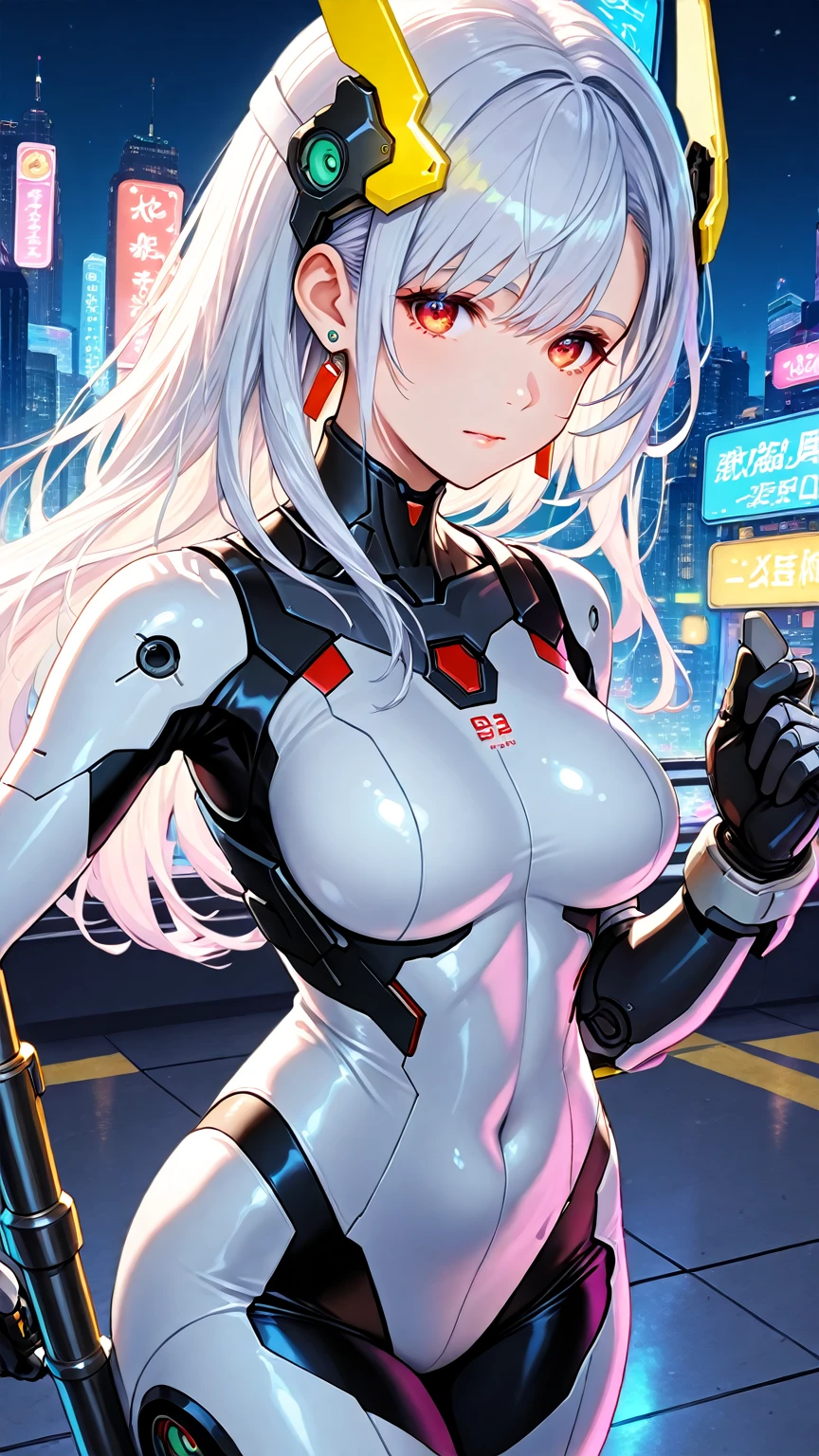 ((masterpiece)), (((best quality))), ((ultra-detailed)), ((illustration)), reflection, sharp focus, front lit, intense shadows, realistic
(beautiful detailed eyes), eyelashes, an extremely delicate and beautiful girl, wolf ears, ((red eye)), silver hair, long hair, navel, large breasts, shiny skin,
mecha_musume, machanical_parts, robot_joints,
silver letter embroidered transparent|white latex suit, mask
cinematic lighting, ray tracing, Depth of field, dynamic angle, looking at viewer, (((cyberpunk city))), (((the best building))), (((rain))), (blood on face)