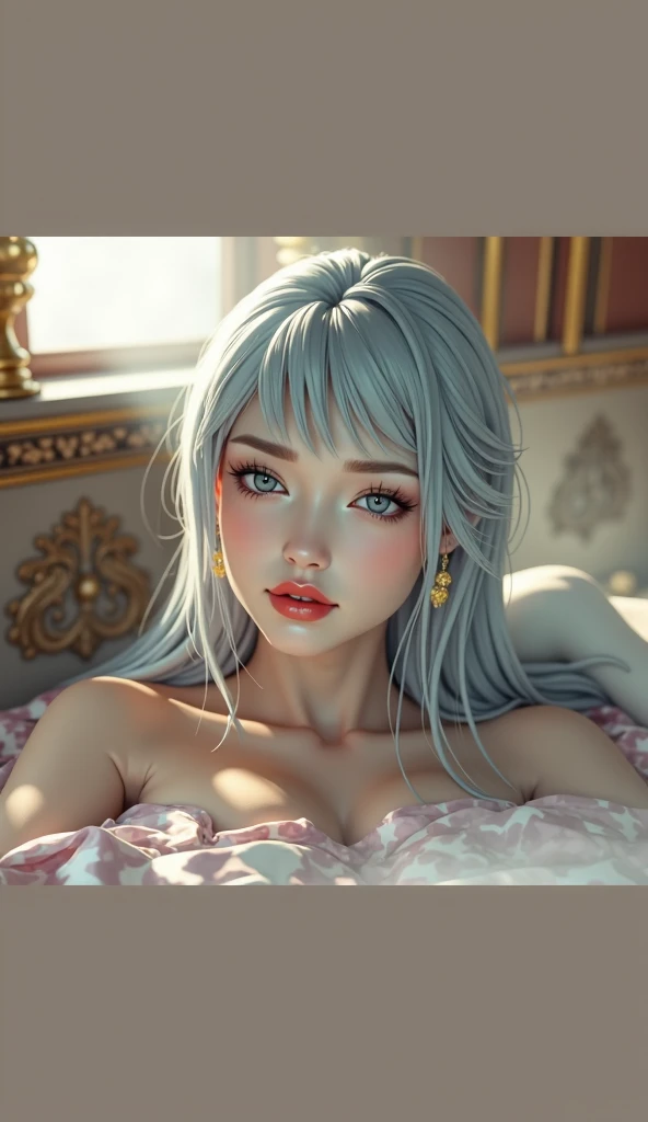1 Girl,Upper body white lace underwear,Silver hair,White lace underwear for lower body,Bare legs(masterpiece:1.4),Lying on white bed,Open your legs