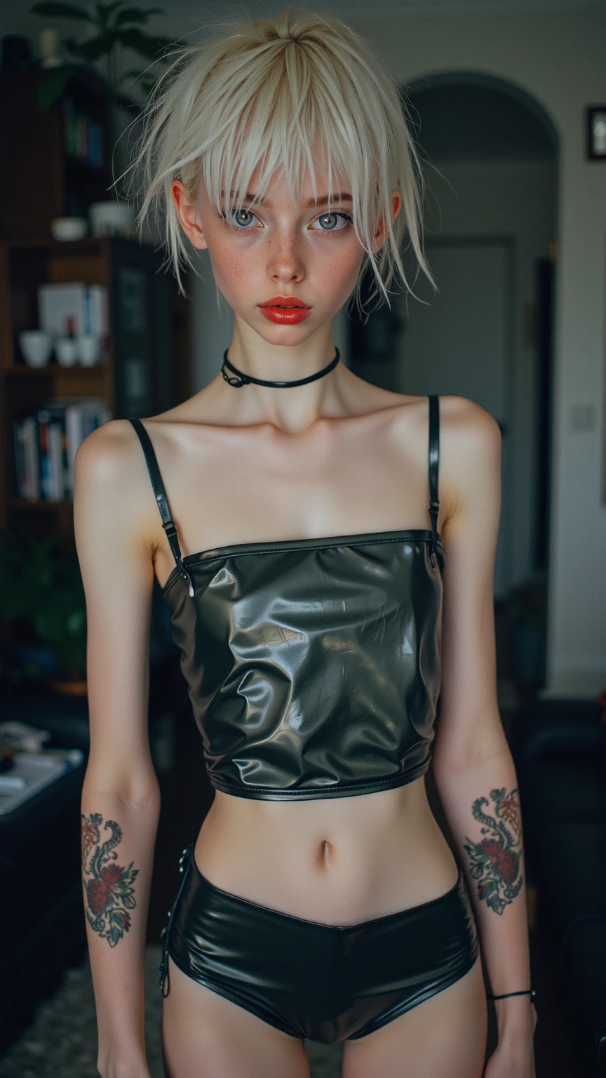 14 year old petiite cute girl in tank top, armpits, arms up, pale skin, white american, dyed blonde hair, gothic, handcuffs, bdsm, metal music, flat chested, tied up