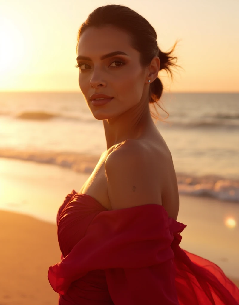 arafed woman in a red dress standing on a beach, posing on a beach with the ocean, stunning elegant pose, natalie portman as a goddess, inspired by Annie Leibovitz, girl wears a red dress, high - end fashion photoshoot, by Etienne Delessert, in a red dress, jaw dropping beauty, flowing gown, fine art fashion photography