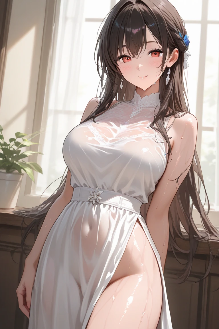 (masterpiece, Highest quality), Intricate details, One girl, alone, Long Hair, View your viewers, indoor, Arms crossed, smile, Removable sleeves, Gray Hair, curtain, Large Breasts, Red eyes, Exposing shoulders, Mouth closed, Long sleeve, Upper Body, dress, lamp, Picture Frame, blush, window, button, flower, No sleeve, Side Lock, Hair between the eyes, Arms under chest, Tassel, lips, Chair