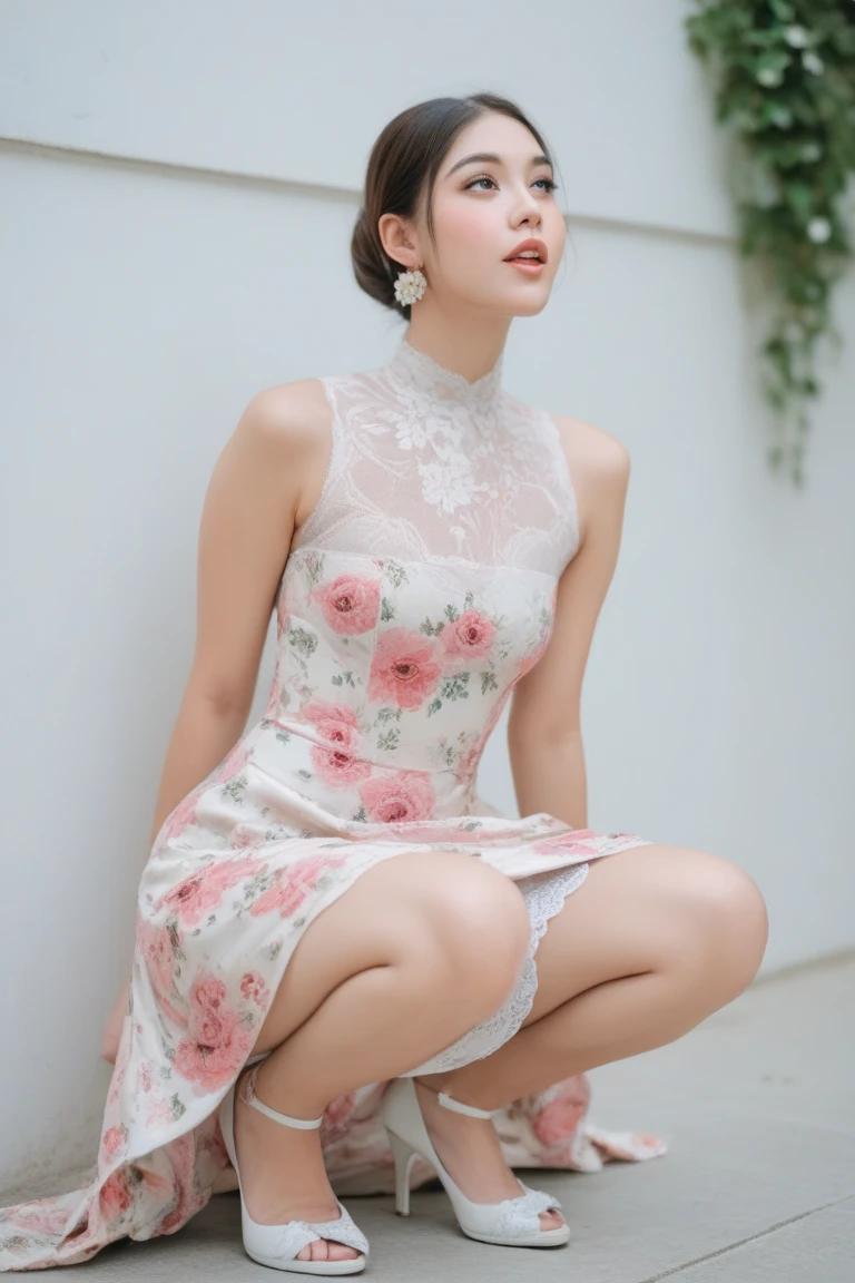 japanese beautiful woman,Ultra detailed skin,Ultra-fine,toView,Brown-eyed,drooing eyes,high detailing,(short-haired with bangs:1.2),(Photorealsitic:1.4),(Top image quality:2.0),(超A high resolution:1.0), (masterpiece:1.5),(pureerosface_v1:1.5),big eye,Dynamic lighting,the skin is wet,Bright pink and sparkling lipstick,White and beautiful skin,glossy satin fabric dress,20yr old,posterior view,squatting,turned around,s ass,sexypose,Beautiful body lines