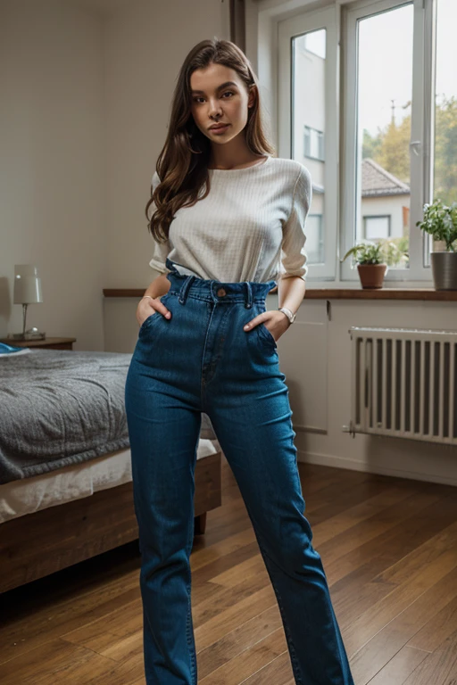 (highest quality, High resolution, Super detailed:1.2), One mature woman wearing jeans and a blouse, An illustration, bright colors, intense lighting, (embarrassing dry bump session:1.2)