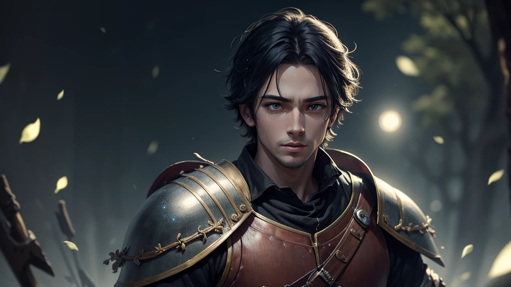 handsome man with black hair ，full bodyesbian，Handsome，There are blood marks on the forehead，No tattoos，short detailed hair，Wearing heavy armor